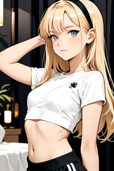 young blonde girl in white cropped top and black headband 