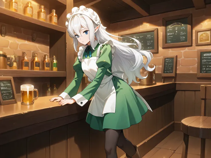 one woman, mayumi saegusa, elf ears, long white hair, blue eyes, green maid dress, white headband, black pantyhose, brown boots, working in a pub, high quality, HD
