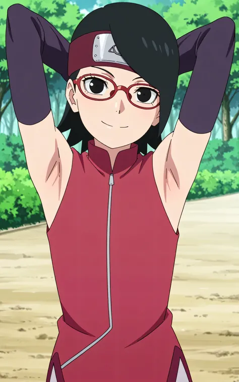 masterpiece, best quality, amazing quality, anime screencap, anime coloring, 1girl, solo, sarada, black eyes, black hair, short hair, glasses, headband, red sleeveless dress, detached sleeves, flat chest, arms behind head, armpits, armpits focus, head towa...