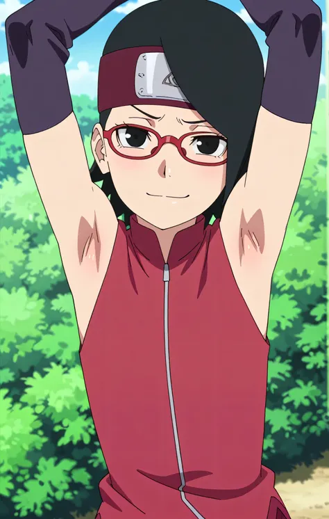 masterpiece, best quality, amazing quality, anime screencap, anime coloring, 1girl, solo, sarada, black eyes, black hair, short hair, glasses, headband, red sleeveless dress, detached sleeves, flat chest, arms up, raised arms, armpits, armpits focus, head ...
