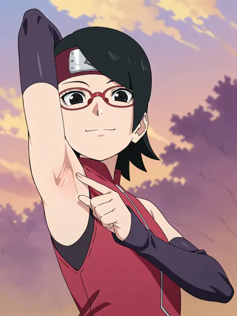 masterpiece, best quality, amazing quality, anime screencap, anime coloring, 1girl, solo, sarada, black eyes, black hair, short hair, glasses, headband, red sleeveless dress, detached sleeves, flat chest, arm behind head, armpit, armpit focus, head towards...