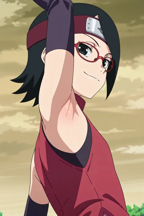 masterpiece, best quality, amazing quality, anime screencap, anime coloring, 1girl, solo, sarada, black eyes, black hair, short hair, glasses, headband, red sleeveless dress, detached sleeves, flat chest, arm up, raised arm, armpit, armpit focus, head towa...