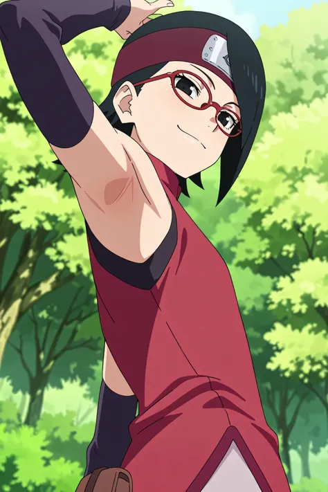 masterpiece, best quality, amazing quality, anime screencap, anime coloring, 1girl, solo, sarada, black eyes, black hair, short hair, glasses, headband, red sleeveless dress, detached sleeves, flat chest, arm up, raised arm, armpit, armpit focus, head towa...