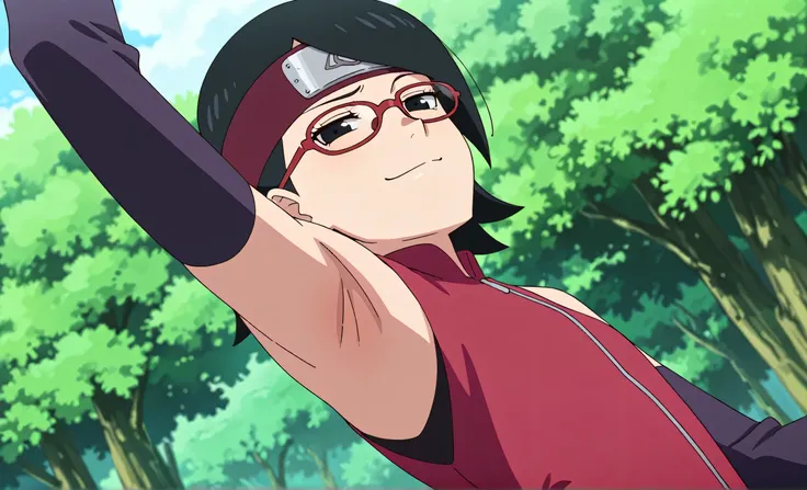 masterpiece, best quality, amazing quality, anime screencap, anime coloring, 1girl, solo, sarada, black eyes, black hair, short hair, glasses, headband, red sleeveless dress, detached sleeves, flat chest, arm up, raised arm, armpit, armpit focus, head towa...