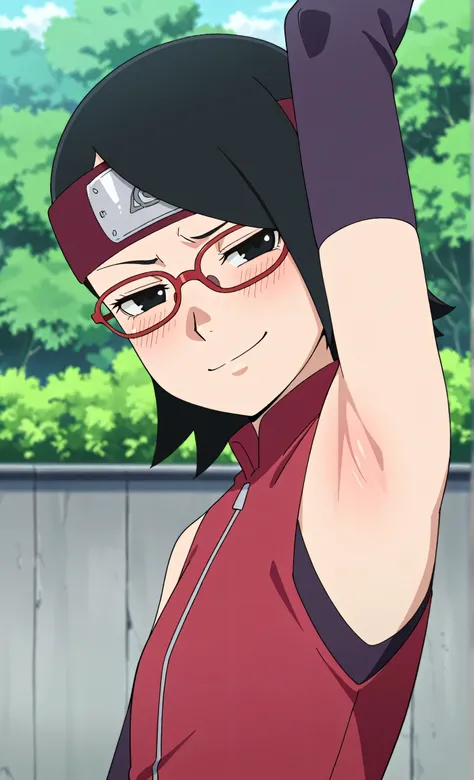 masterpiece, best quality, amazing quality, anime screencap, anime coloring, 1girl, solo, sarada, black eyes, black hair, short hair, glasses, headband, red sleeveless dress, detached sleeves, flat chest, arm up, raised arm, armpit, armpit focus, head towa...