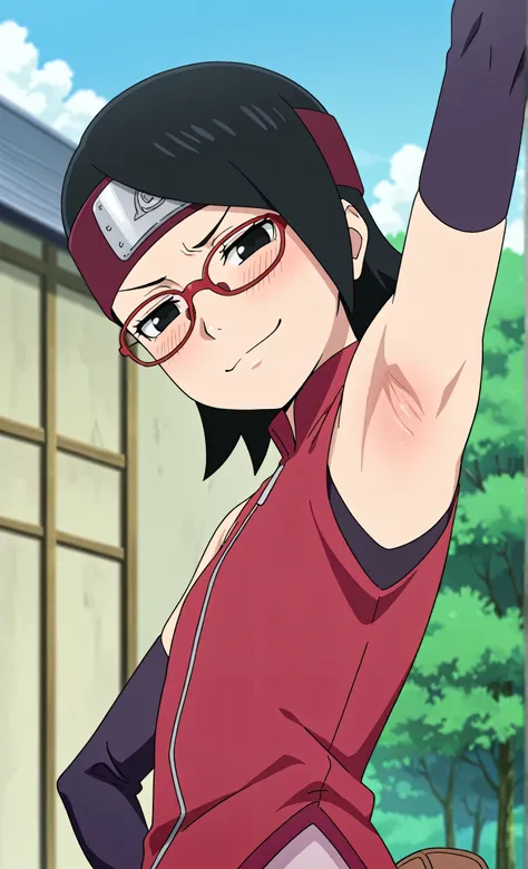 masterpiece, best quality, amazing quality, anime screencap, anime coloring, 1girl, solo, sarada, black eyes, black hair, short hair, glasses, headband, red sleeveless dress, detached sleeves, flat chest, arm up, raised arm, armpit, armpit focus, head towa...