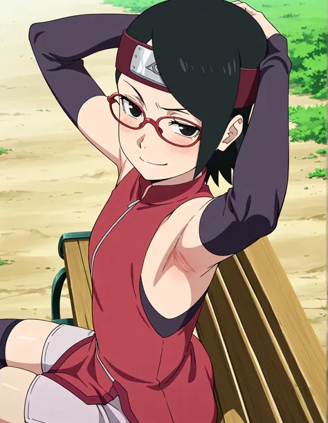 masterpiece, best quality, amazing quality, anime screencap, anime coloring, 1girl, solo, sarada, black eyes, black hair, short hair, glasses, headband, red sleeveless dress, detached sleeves, flat chest, arm on head, armpit, armpit focus, head towards vie...