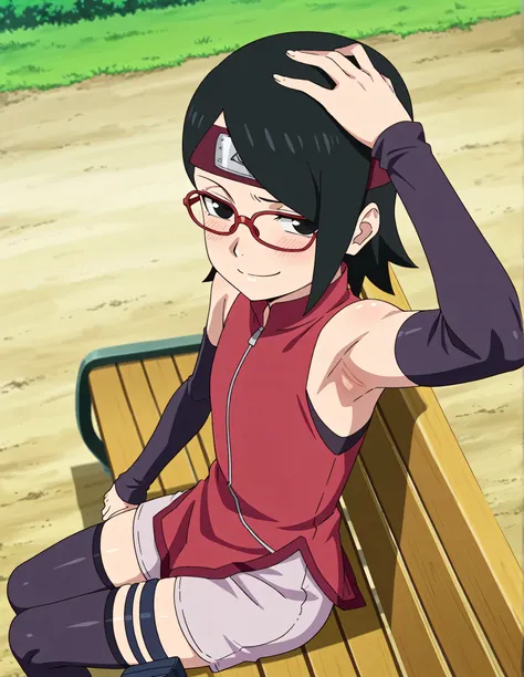 masterpiece, best quality, amazing quality, anime screencap, anime coloring, 1girl, solo, sarada, black eyes, black hair, short hair, glasses, headband, red sleeveless dress, detached sleeves, flat chest, arm on head, armpit, armpit focus, head towards vie...