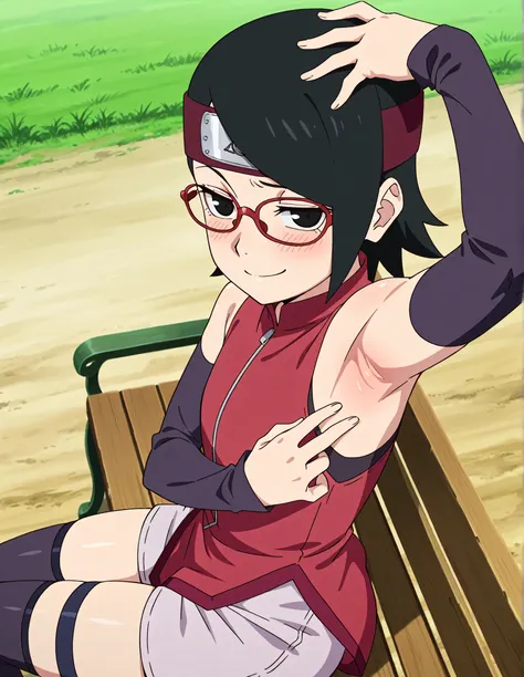 masterpiece, best quality, amazing quality, anime screencap, anime coloring, 1girl, solo, sarada, black eyes, black hair, short hair, glasses, headband, red sleeveless dress, detached sleeves, flat chest, arm on head, armpit, armpit focus, head towards vie...
