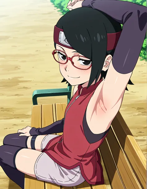 masterpiece, best quality, amazing quality, anime screencap, anime coloring, 1girl, solo, sarada, black eyes, black hair, short hair, glasses, headband, red sleeveless dress, detached sleeves, flat chest, arm on head, armpit, armpit focus, head towards vie...