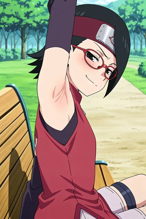 masterpiece, best quality, amazing quality, anime screencap, anime coloring, 1girl, solo, sarada, black eyes, black hair, short hair, glasses, headband, red sleeveless dress, detached sleeves, flat chest, arm up, raised arm, armpit, armpit focus, head towa...