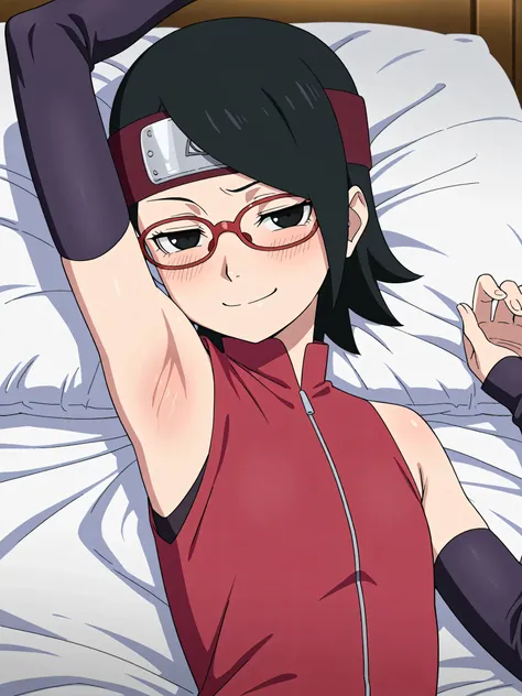 masterpiece, best quality, amazing quality, anime screencap, anime coloring, 1girl, solo, sarada, black eyes, black hair, short hair, glasses, headband, red sleeveless dress, detached sleeves, flat chest, arm up, raised arm, armpit, armpit focus, head towa...