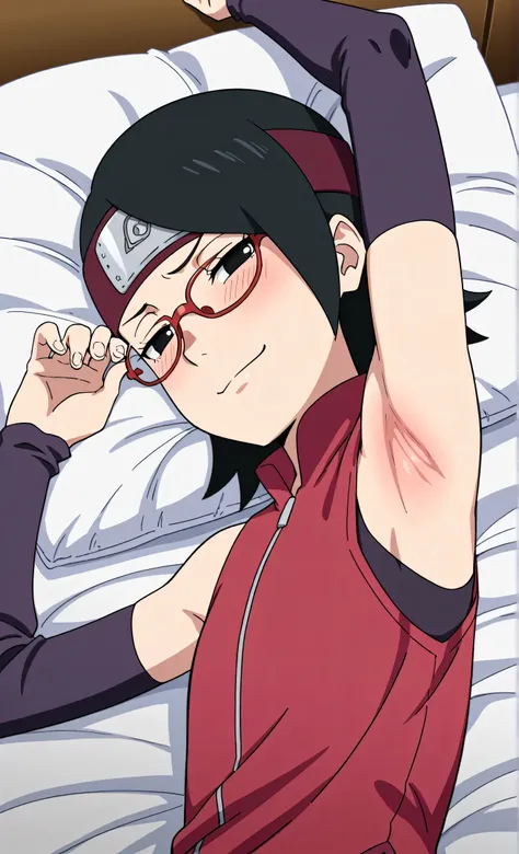 masterpiece, best quality, amazing quality, anime screencap, anime coloring, 1girl, solo, sarada, black eyes, black hair, short hair, glasses, headband, red sleeveless dress, detached sleeves, flat chest, arm up, raised arm, armpit, armpit focus, head towa...