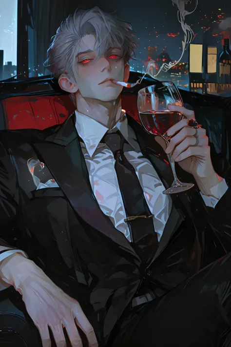  Anime Male,Gray hair, cigarette smoke,red-eyed,Wearing a Black Suit,Holding a glass of wine sitting at the office