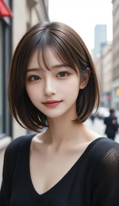 (((face close-up)))、(((Brown, shoulder length, straight short bob with legs extended)))、(((She has the New York skyline in the background、posing like a model at a beauty salon。.)))、(((casual black long sleeve winter clothes)))、 half Japanese 、Half Korean、...