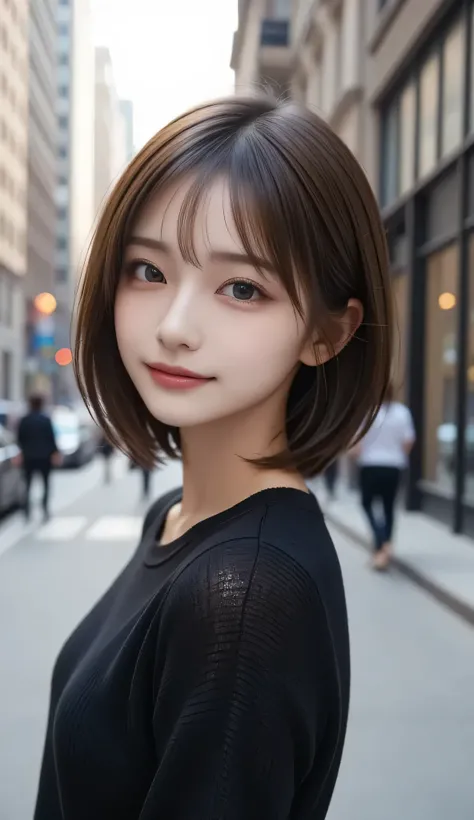 (((face close-up)))、(((Brown, shoulder length, straight short bob with legs extended)))、(((She has the New York skyline in the background、posing like a model at a beauty salon。.)))、(((casual black long sleeve winter clothes)))、 half Japanese 、Half Korean、...