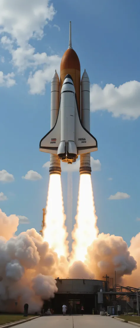 high resolution images、Cape Canaveral Air Force Station in Florida、NASA rocket launch site、the space shuttle can be launched onto the launch pad、smoke is coming out of the left and right rockets from the bottom of the fuselage、発射の瞬間を海から観ている、