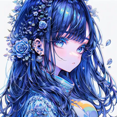 1girl,Handsome face、Front face facing the viewer、(((Best Quality、Masterpiece、Super detailed、High definition、The best composition、3Ⅾ、HHD)))、 （Beautiful eyes、Super detailedな目）、Low angle from below、Flowers in full bloom、，(Light blue hair:1.3)，(Big Eyes:1.4)，(...