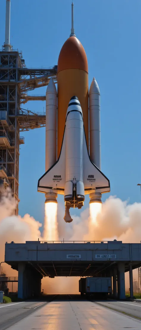 high resolution images、Cape Canaveral Air Force Station in Florida、NASA rocket launch site、the space shuttle can be launched onto the launch pad、smoke is coming out of the left and right rockets from the bottom of the fuselage、発射の瞬間を海から観ている、
