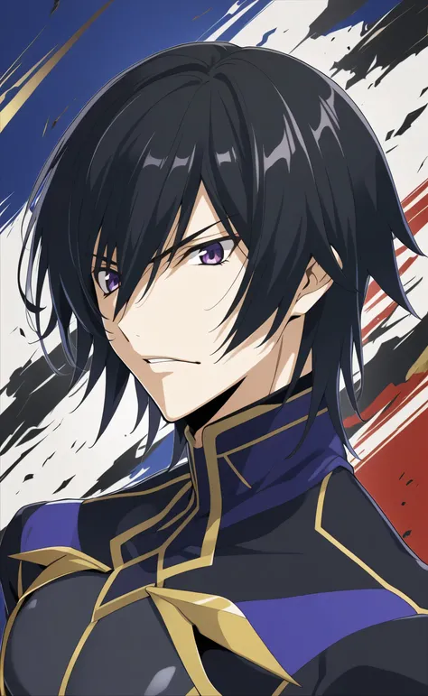 1male,solo,Lelouch Lamperouge,black hair,short hair,hair between eye,bang,black bodysuit,war background,Gundam 00 Style,