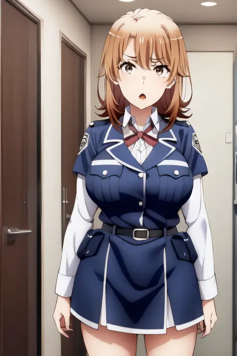  Can you draw facial expressions more delicately，can you shorten the length of the skirt to the last minute， Beautiful Smile of Woman  ，brown hair short hair of a woman，，20 years old of a nice smile of an adult of woman，a cop wearing a miniskirt，Can you se...