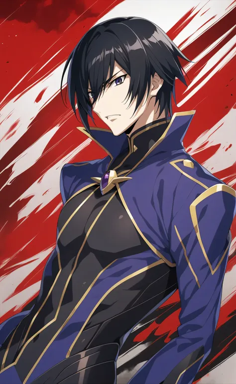 1male,solo,Lelouch Lamperouge,black hair,short hair,hair between eye,bang,black bodysuit,war background,Gundam 00 Style,