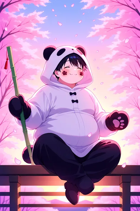 ultra-detailed, vivid colors, absurdres, aesthetic, cinematic lighting, BREAK Adult, 1boy, chubby, wearing a fluffy panda kigurumi, round face, smiling warmly, sitting cross-legged on a wooden porch, cherry blossom petals falling, soft sunset glow, holding...