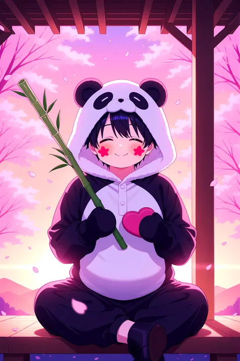 ultra-detailed, vivid colors, absurdres, aesthetic, cinematic lighting, BREAK Adult, 1boy, chubby, wearing a fluffy panda kigurumi, round face, smiling warmly, sitting cross-legged on a wooden porch, cherry blossom petals falling, soft sunset glow, holding...
