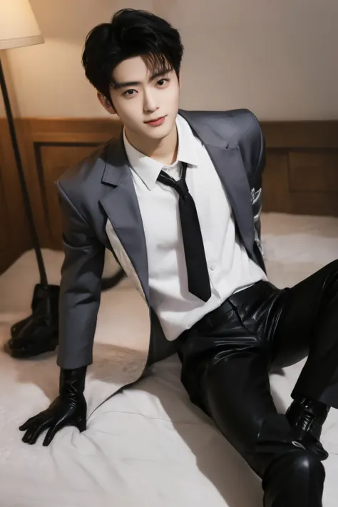 a slim muscular , Full body shot of a handsome K-pop male idol with tattoos is wearing a silk shirt and formal pants with a tie and leather gloves . lie down lean on showing abs in house attic. tempting . sexy . try to rape . realistic high quality . intri...