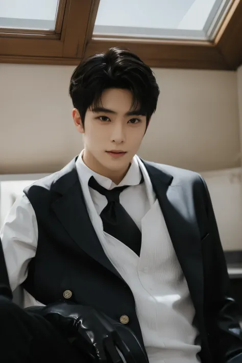 a slim muscular , Full body shot of a handsome K-pop male idol with tattoos is wearing a silk shirt and formal pants with a tie and leather gloves . lie down lean on in house attic. tempting . sexy . try to rape . realistic high quality . intricate detail ...