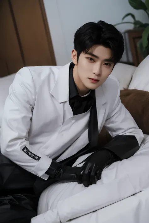 a slim muscular , Full body shot of a handsome K-pop male idol with tattoos is wearing a silk shirt and formal pants with a tie and leather gloves . lie down lean on in house attic. tempting . sexy . try to rape . realistic high quality . intricate detail ...