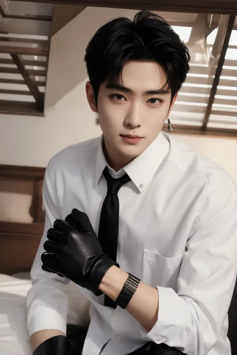 a slim muscular , Full body shot of a handsome K-pop male idol with tattoos is wearing a silk shirt and formal pants with a tie and leather gloves . lie down lean on in house attic. tempting . sexy . try to rape . realistic high quality . intricate detail ...