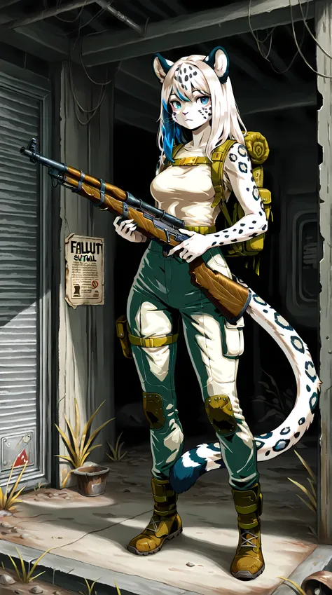 1 girl, 21 years old, mammal snow leopard, furry, full body shot front, no whiskers, human facial features, white hair with blue streaks, normal proportions, aesthetic, Fallout style clothing, Fallout-style some survival accessories, a thigh pocket, a Fall...