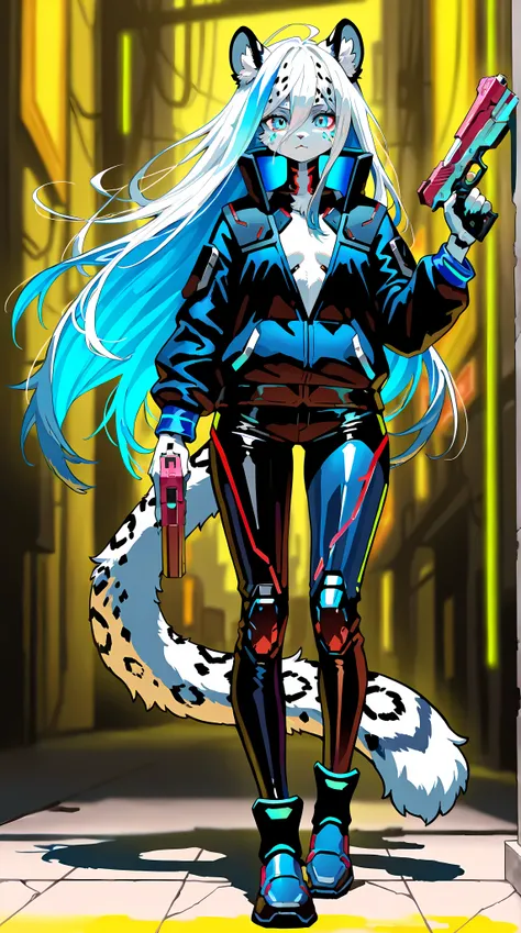 1 girl , 21 years old , mammal snow leopard , furry, full body shot , no whiskers , human facial features , flowing long white hair with blue highlights , normal proportions , aesthetic , Cyberpunk style clothing,cyberpunk style accessories,Cyberpunk style...