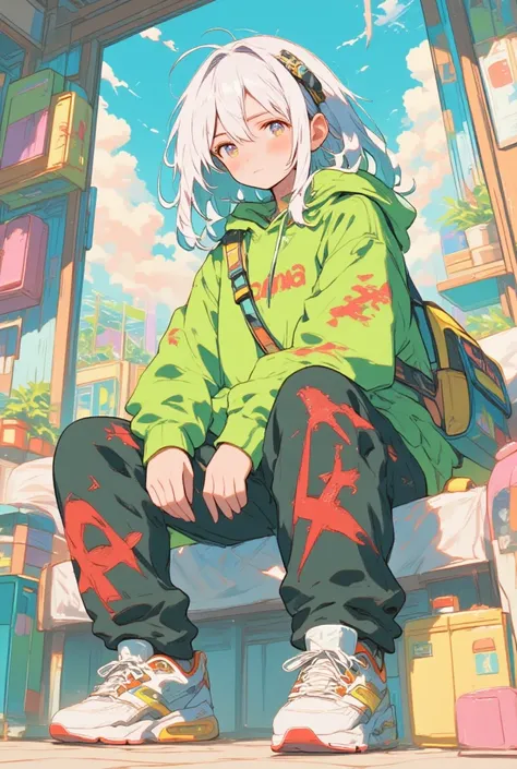 Anime character with a bored expression, long flowing white hair, wearing a bright green hoodie dark green pants with red designs and airplane symbol, white sneakers with red accents, yellow and green shoulder bag. Background is white Cozy pastel pop art a...