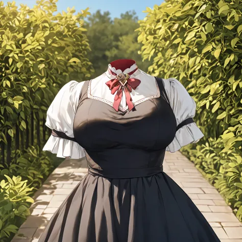 Hilda Valentine Goneril, white blouse, black skirt, Garreg Mach uniform, masterpiece, crossed arm, in garden, (invisible:1.5, no humans:1.5, headless:1.5, faceless:1.5), cute big huge breasts, detailed cloth texture, extremely details, close-up to breasts