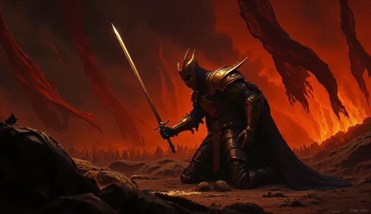 1950d, Image is a digital illustration depicting a dramatic and intense scene. The style is dark fantasy, characterized by bold, dynamic brushstrokes and a vivid color palette dominated by fiery oranges and deep shadows. The layout centers on a lone armore...