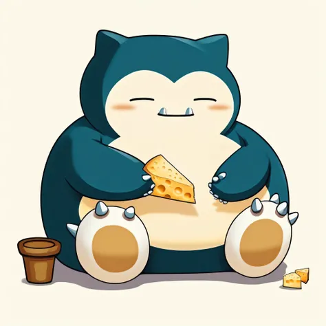 Snorlax is eating cheese and sitting on the chair. Snorlax is realistic and glossy.