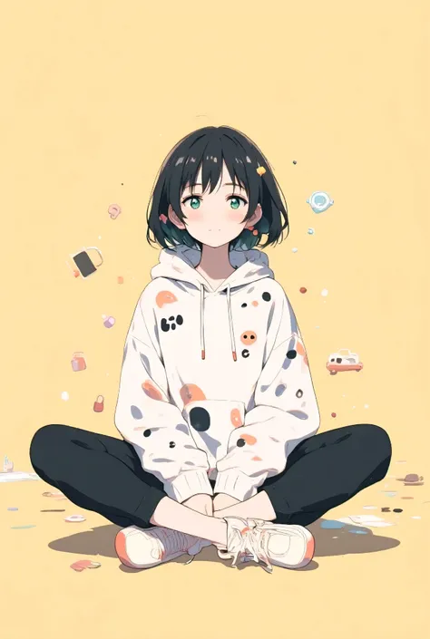 A cozy pastel anime-style animation featuring a young person sitting cross-legged on the floor in a relaxed pose. They wear a white hoodie with soft black and muted orange pastel patterns, including a cute skull motif and gentle abstract symbols. The hoodi...