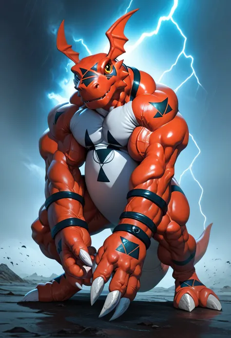 Remert-style anthro Guilmon, striding forward with arms relaxed but massive, glistening muscles wet from rain, intense stare, huge tail trailing behind, lightning strike in distance casting electric rim light on body, Huge hyper dick , dramatic slow walk p...