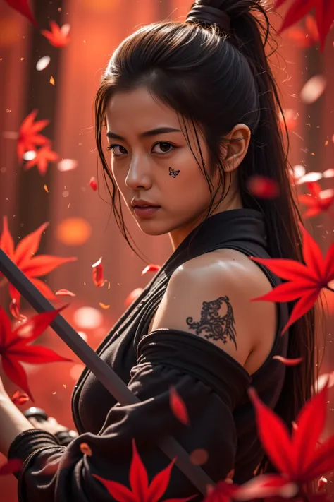 A fierce and beautiful female warrior stands amidst a flurry of vibrant red maple leaves, surrounded by a glowing autumn forest. She has long, messy black hair tied in a high ponytail, strands falling over her intense eyes. Her outfit is a sleek black tact...