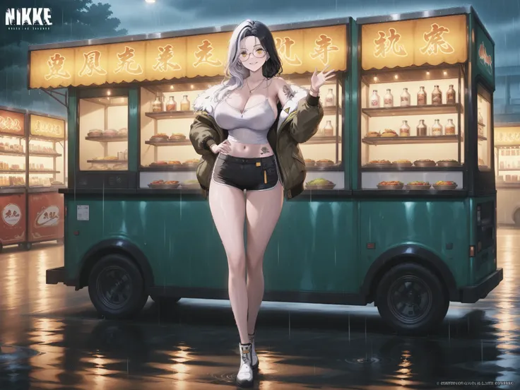(NSFW:1.1). a realistic image, extremely sharp focus, crisp details, high resolution, low light, cinematic lighting, 4K, 8K. (correct anatomy and detailed hand). 1girl, solo. front view, full body. a detailed, high quality rendering of Rosanna - NIKKE. she...