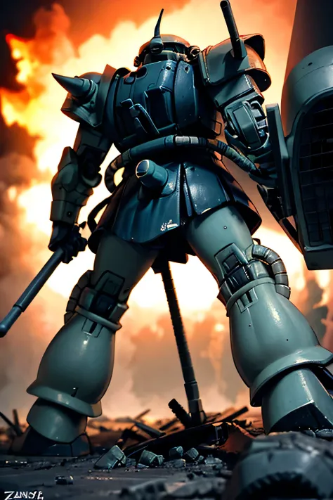 Please draw what you like.8k,The image features a Zaku II, a mobile suit from the Gundam series, depicted in a war-torn battlefield. The Zaku II is shown from a side angle, towering over the ground vehicles and the chaotic scene below. The mobile suit is i...