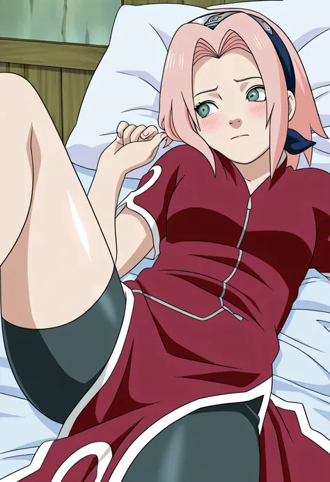,Sakura haruno, 1girl, solo, pink hair, short hair, green eyes, shiny thighs ,"Red sleeveless Chinese qipao with white trim and symbol, black shorts, .", lying in her side on bed,,,, ,masterpiece,best quality,amazing quality, ,, closed eyes, blush, soft ti...