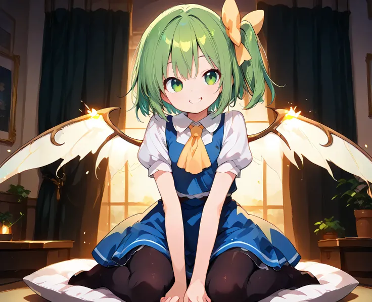 ,lol i,fine fabric,emphasis,cute,smile,wariza,solo,s,{best quality}, {{masterpiece}}, {highres}, original, extremely detailed 8K wallpaper, {an extremely delicate and beautiful},daiyousei, 1girl, solo, green hair, green eyes, hair bow, side ponytail, fairy...