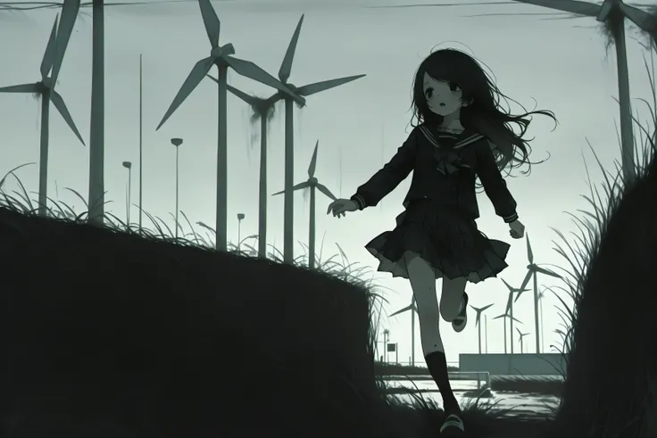 (solo, 1girl, black hair, black eyes, long hair, tareme, swept bangs, ),a290, school uniform, full body, horror, wind farm, running, open mouth, wind turbine, looking to the side