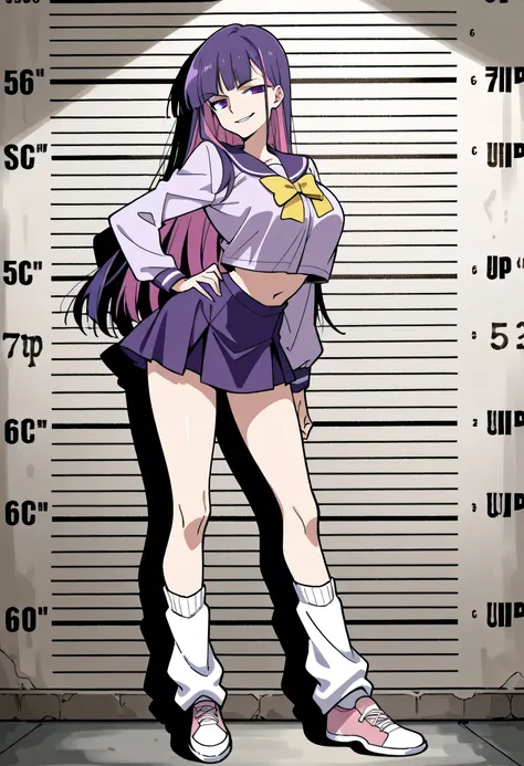 score_9, score_8_up, score_7_up, 1girl, mature, solo, smirk, long hair, bangs , straight hair, purple hair , pink highlights inner , purple eyes, purple sailor school uniform, navel , short skirt, long legs , big breast , arched back , hand on hip , loose ...