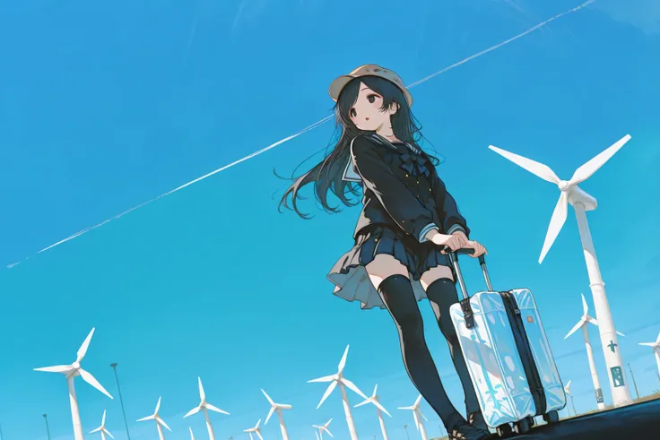 (solo, 1girl, black hair, black eyes, long hair, tareme, swept bangs, thighhighs),a290, school uniform, full body, wind farm, open mouth, wind turbine, looking to the side, roller bag, contrail, brown cabbie hat, cinematic angle, from below, blue sky, 