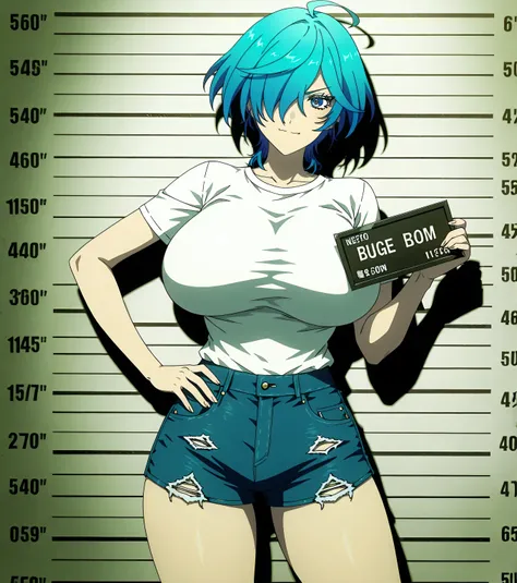 Isemi Tina, Blue hair, big breasts ,Tight T Shirt , jeans shorts , hand on hip , mugshot room background