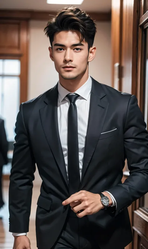 Caucasian male,   nasolabial  ,    thin lip   ,    brown-haired girl , black hair,    athletic body ,  veins visible on the arm ,     wide chest    ,    tall body      ,  young handsome face, sharp stare  , best quality, masterpiece ,  Very high detail  ,A...
